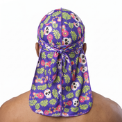 Cinco De Mayo 1.0 festive Satin Silky Durag worn by male model, back view showing tied wrap and tail
