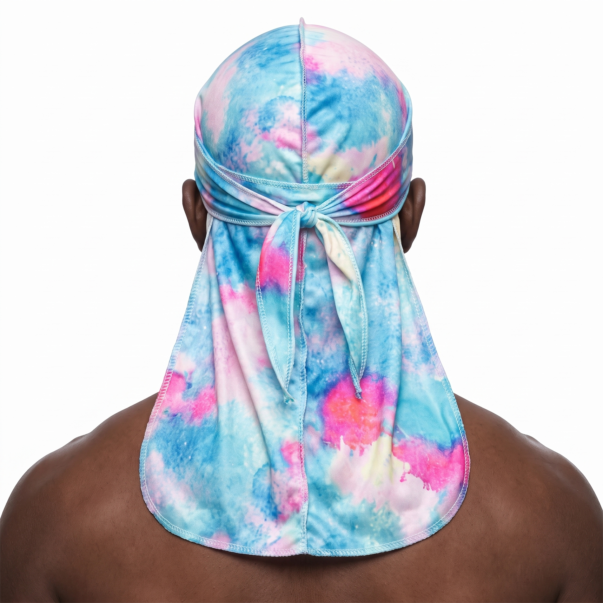 Pastel Bubble Gum Satin Silky Durag worn by male model, back view showing tied wrap and tail