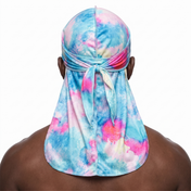 Pastel Bubble Gum Satin Silky Durag worn by male model, back view showing tied wrap and tail