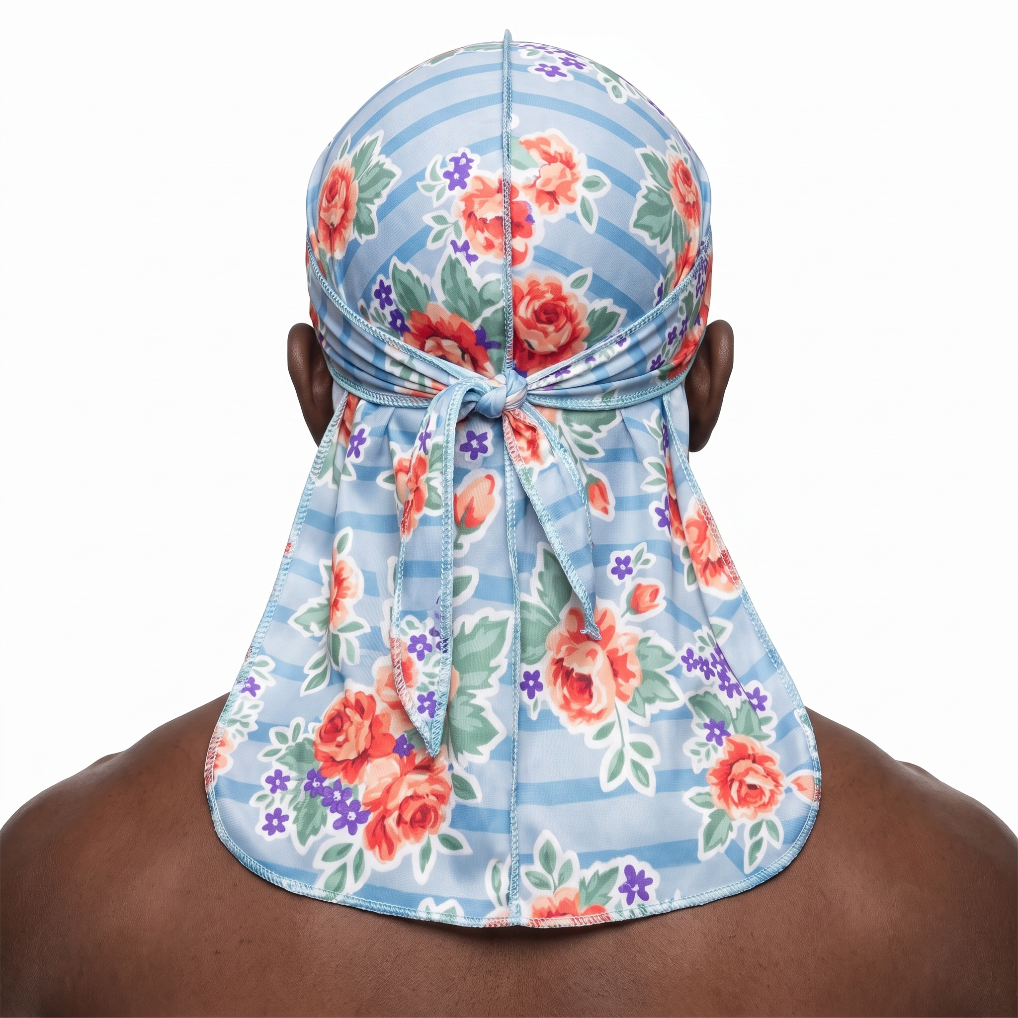 Denim Jean Retro Roses floral Satin Silky Durag worn by male model, back view showing tied wrap and tail