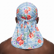 Denim Jean Retro Roses floral Satin Silky Durag worn by male model, back view showing tied wrap and tail