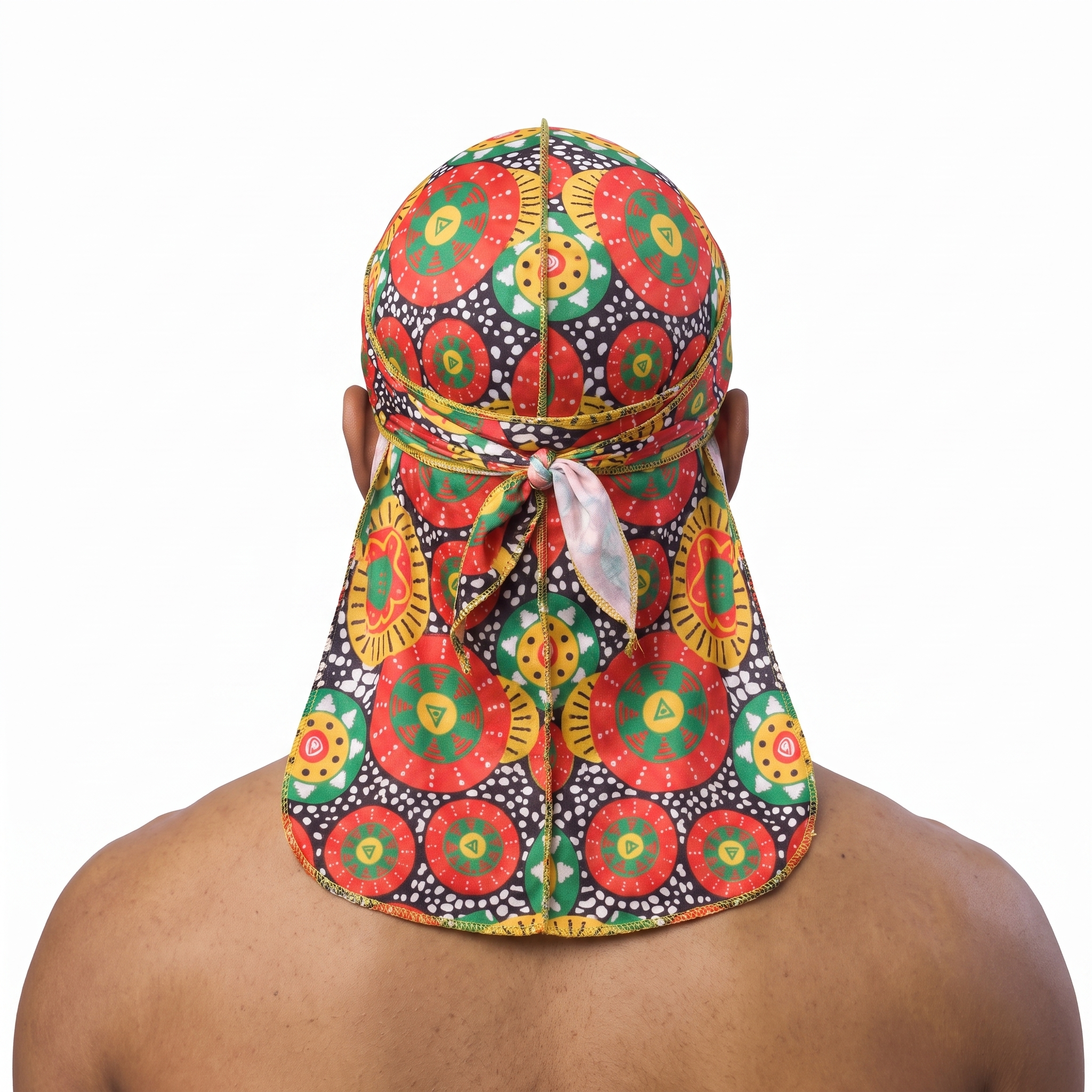 Juneteenth 4.0 red black and green Satin Silky Durag worn by male model, back view showing tied wrap and tail