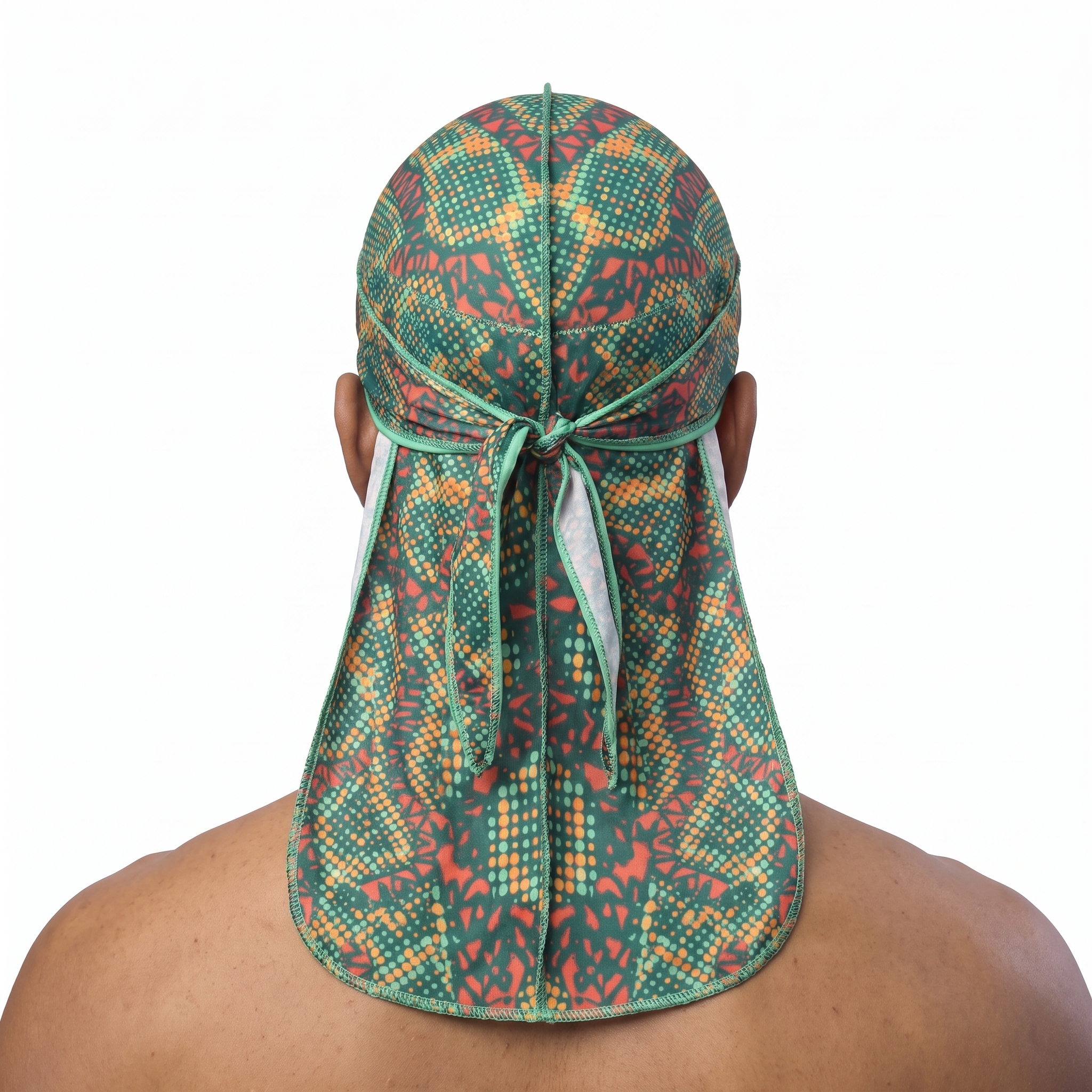 Digital Chameleon Prey pixel camo Satin Silky Durag worn by male model, back view showing tied wrap and tail