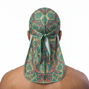 Digital Chameleon Prey pixel camo Satin Silky Durag worn by male model, back view showing tied wrap and tail