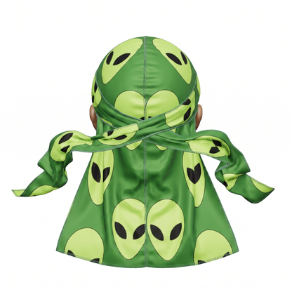 Alien Green graphic Satin Silky Durag - premium silky durag back view showing wrap straps, tail and stitching