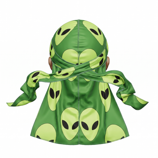 Alien Green graphic Satin Silky Durag - premium silky durag back view showing wrap straps, tail and stitching