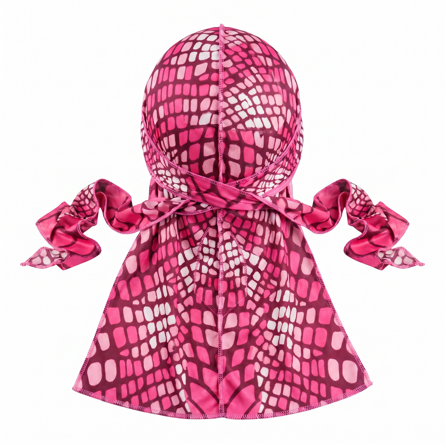 Hot Pink reptile snakeskin Satin Silky Durag - premium silky durag back view showing wrap straps, tail and stitching