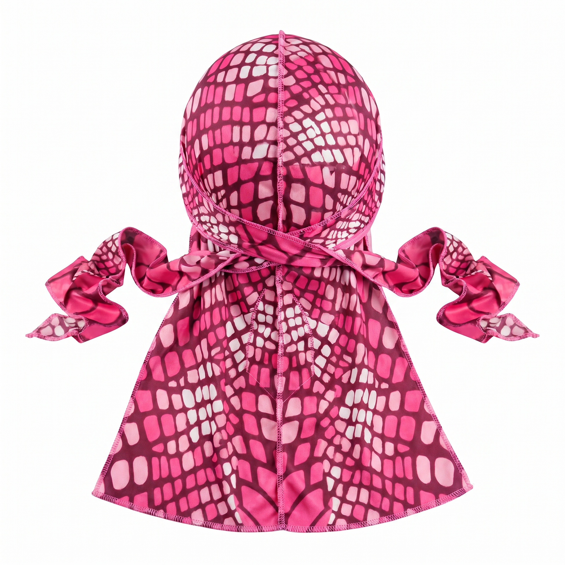 Hot Pink reptile snakeskin Satin Silky Durag - premium silky durag back view showing wrap straps, tail and stitching