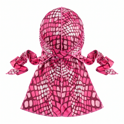 Hot Pink reptile snakeskin Satin Silky Durag - premium silky durag back view showing wrap straps, tail and stitching