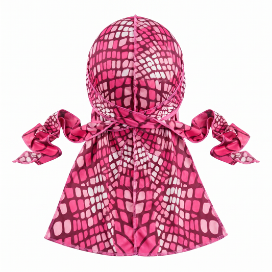 Hot Pink reptile snakeskin Satin Silky Durag - premium silky durag back view showing wrap straps, tail and stitching