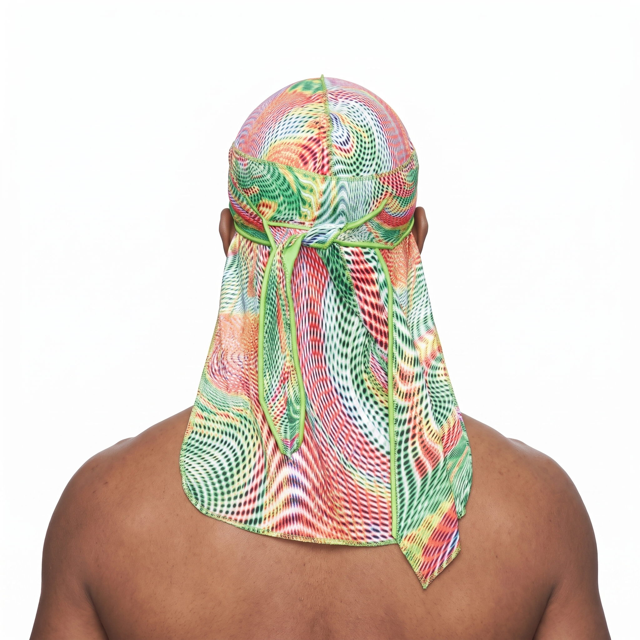 Thermal heat-map optical illusion Satin Silky Durag worn by male model, back view showing tied wrap and tail