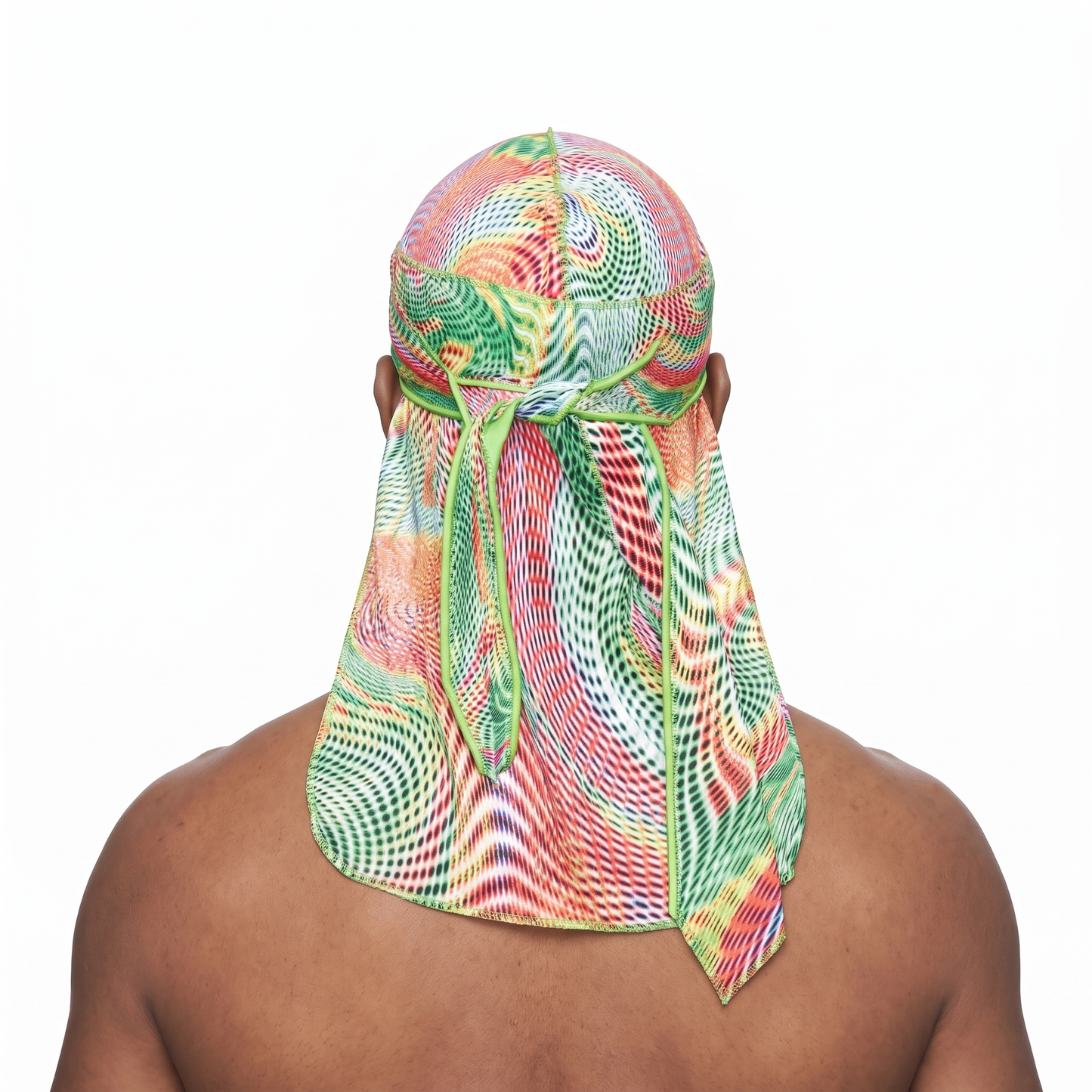 Thermal heat-map optical illusion Satin Silky Durag worn by male model, back view showing tied wrap and tail