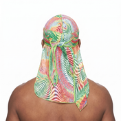 Thermal heat-map optical illusion Satin Silky Durag worn by male model, back view showing tied wrap and tail