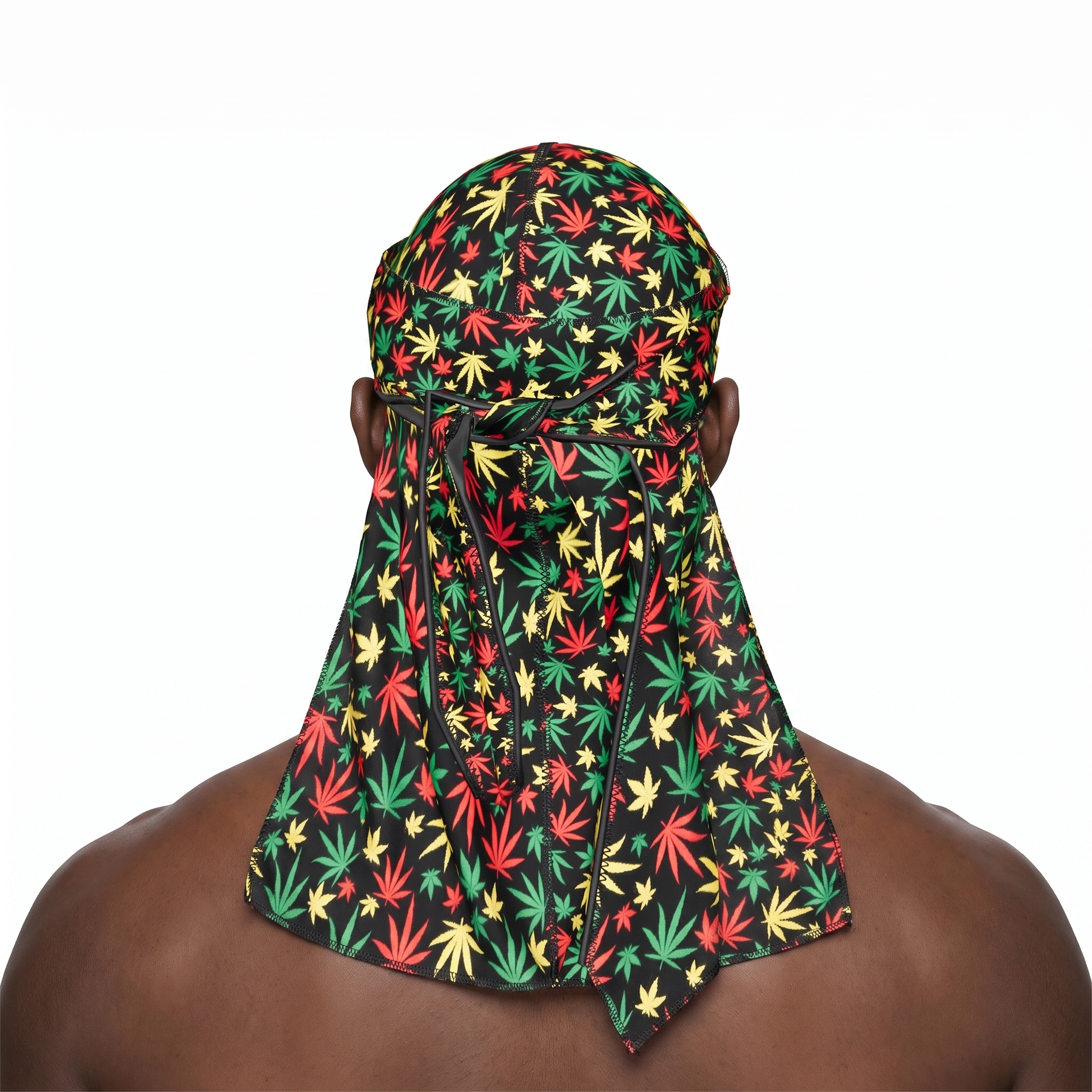 Rasta stripes Satin Silky Durag worn by male model, back view showing tied wrap and tail