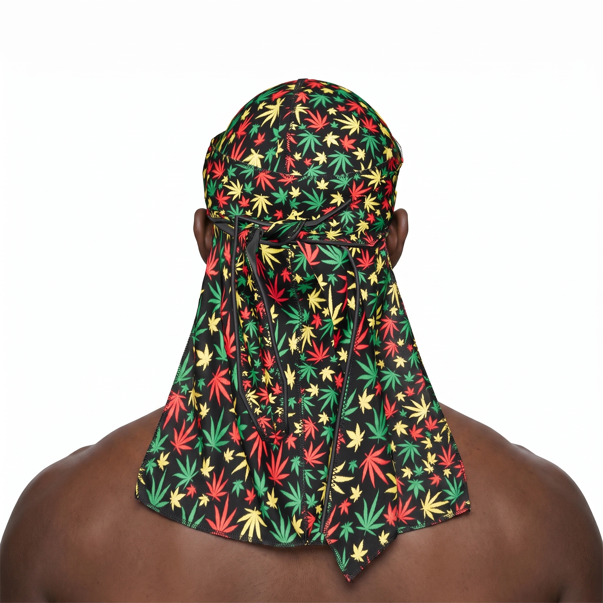 Rasta stripes Satin Silky Durag worn by male model, back view showing tied wrap and tail