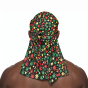 Rasta stripes Satin Silky Durag worn by male model, back view showing tied wrap and tail