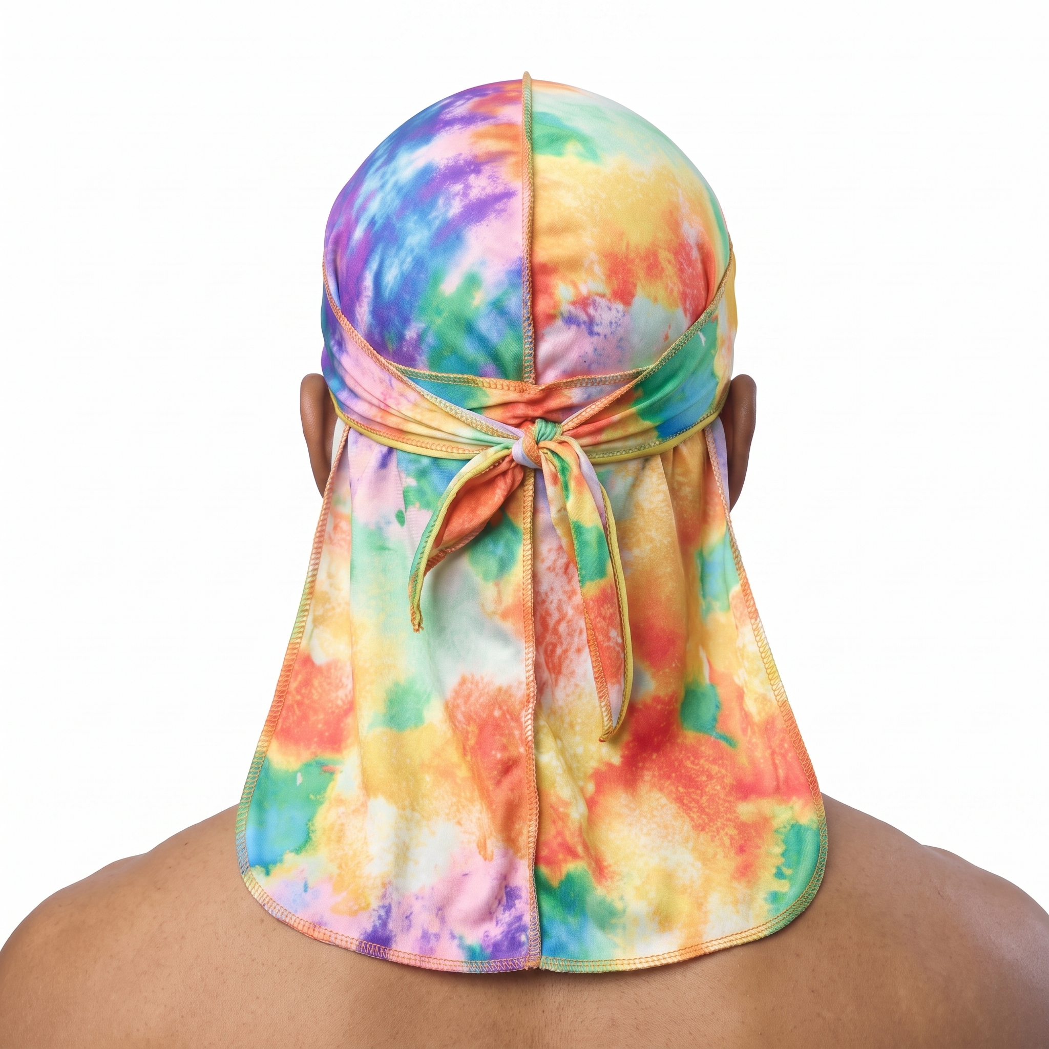 Pastel Heat Map Satin Silky Durag worn by male model, back view showing tied wrap and tail