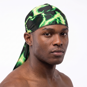 Voltage Green lightning Satin Silky Durag worn by male model, front view on white background
