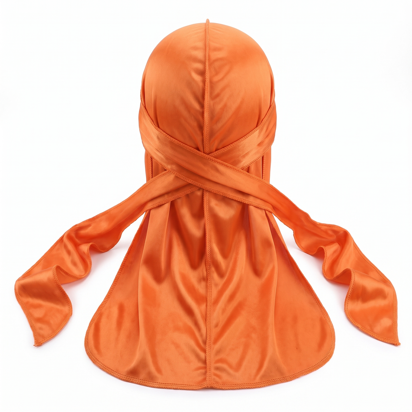 Premium Silk Durag Orange - premium heavy silky durag back view showing wrap straps, tail and stitching