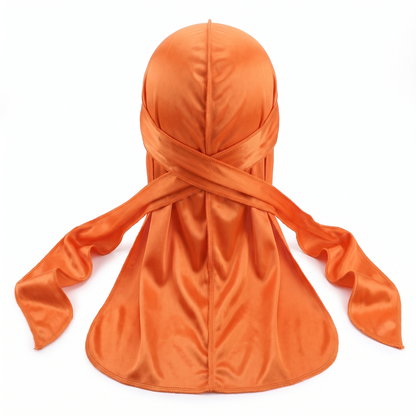 Premium Silk Durag Orange - premium heavy silky durag back view showing wrap straps, tail and stitching