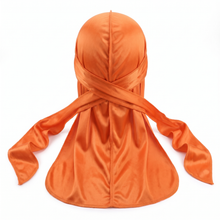 Premium Silk Durag Orange - premium heavy silky durag back view showing wrap straps, tail and stitching