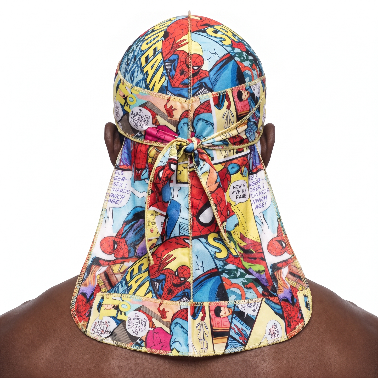Spider Man web graphic Satin Silky Durag worn by male model, back view showing tied wrap and tail