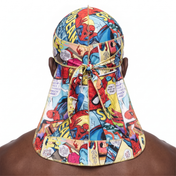 Spider Man web graphic Satin Silky Durag worn by male model, back view showing tied wrap and tail