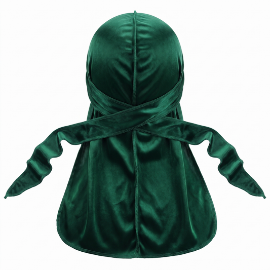 Premium Forest Green Velvet Durag - premium velvet durag back view showing wrap straps, tail and stitching