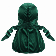 Premium Forest Green Velvet Durag - premium velvet durag back view showing wrap straps, tail and stitching
