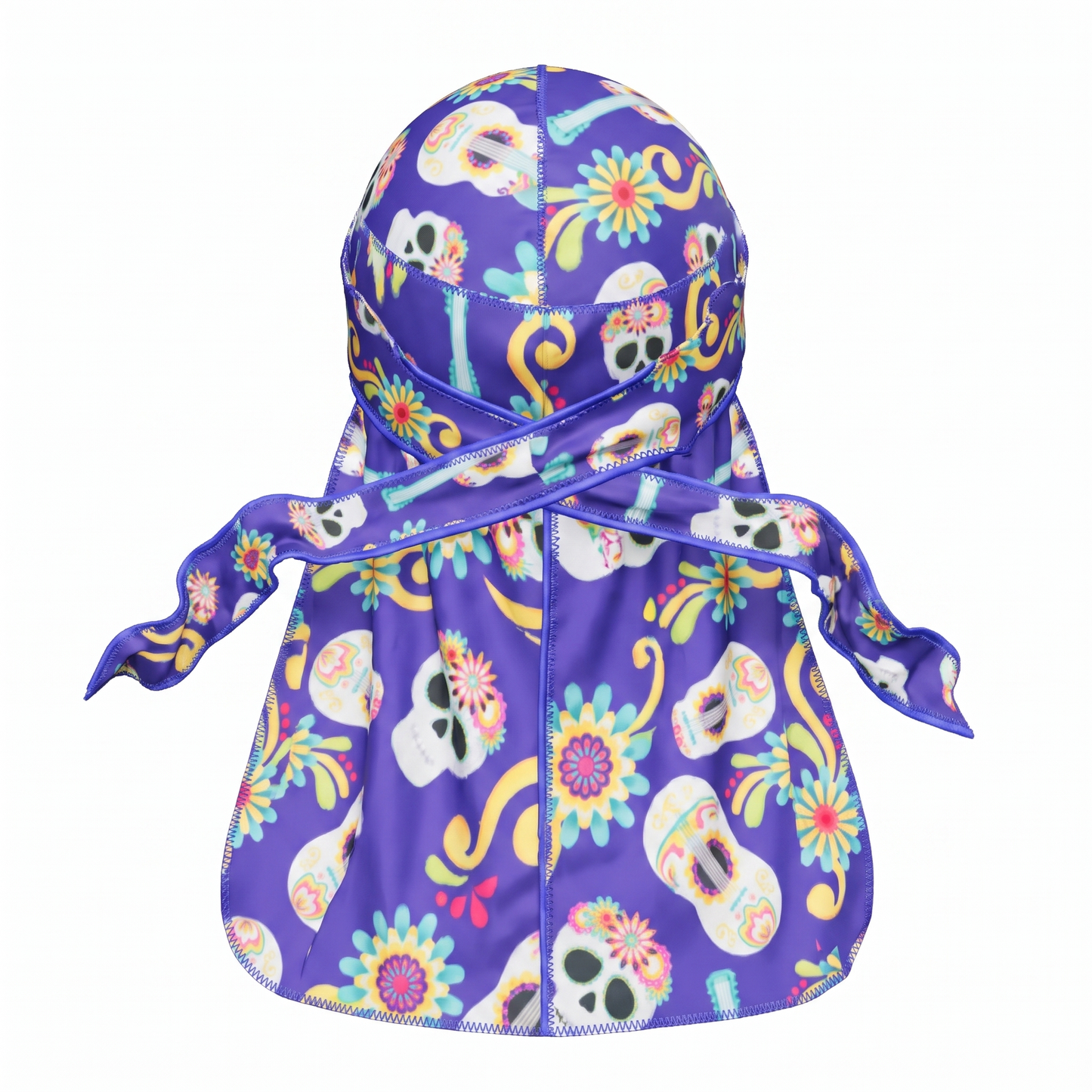 Cinco De Mayo Indigo festive Satin Silky Durag - premium silky durag back view showing wrap straps, tail and stitching
