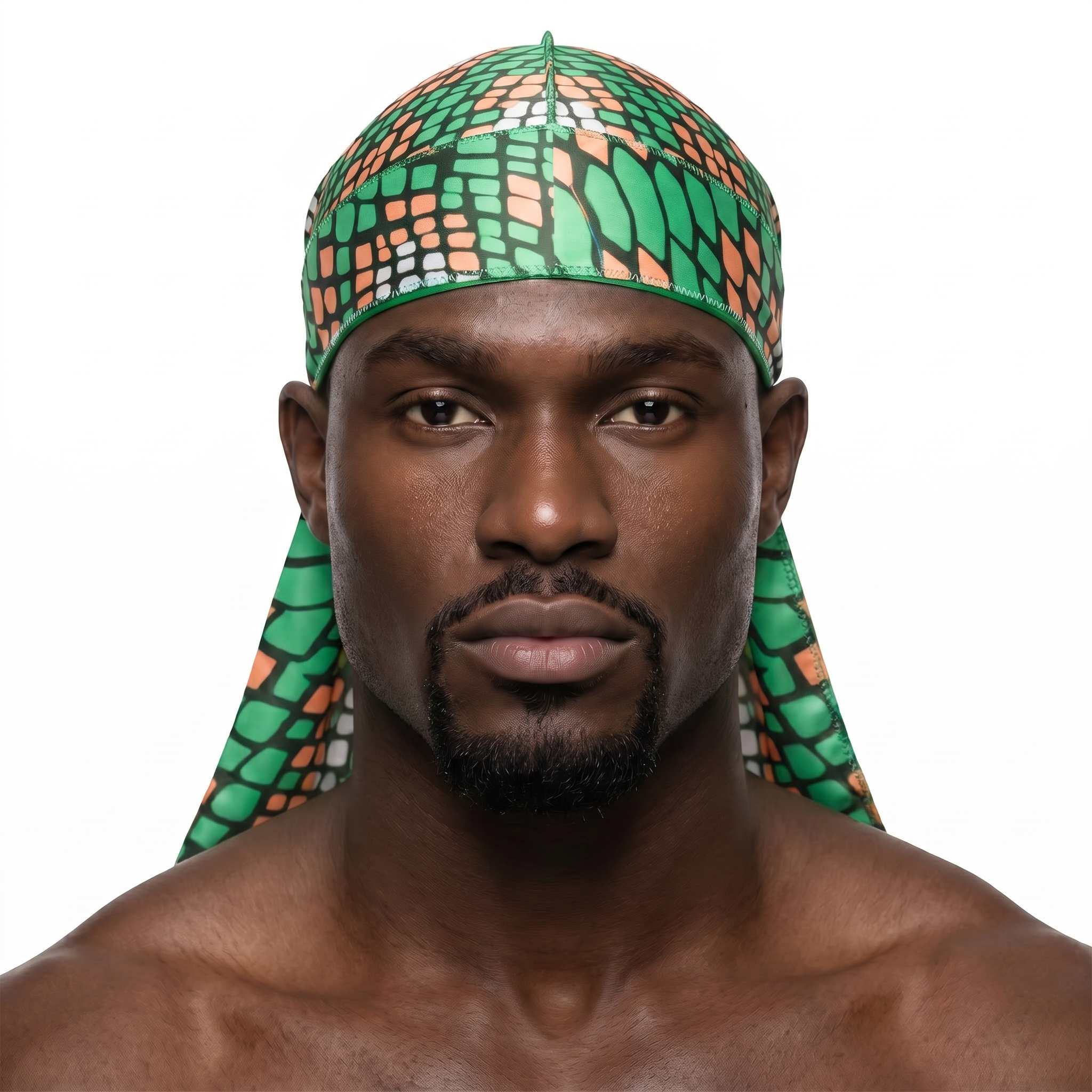 Green and Orange Famu reptile snakeskin Satin Silky Durag worn by male model, front view on white background
