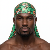 Green and Orange Famu reptile snakeskin Satin Silky Durag worn by male model, front view on white background
