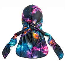 Elite Pattern Black Galaxy Durag - premium durag back view showing wrap straps, tail and stitching