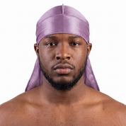 Premium Lavender Purple Silk Durag worn by male model, front view on white background