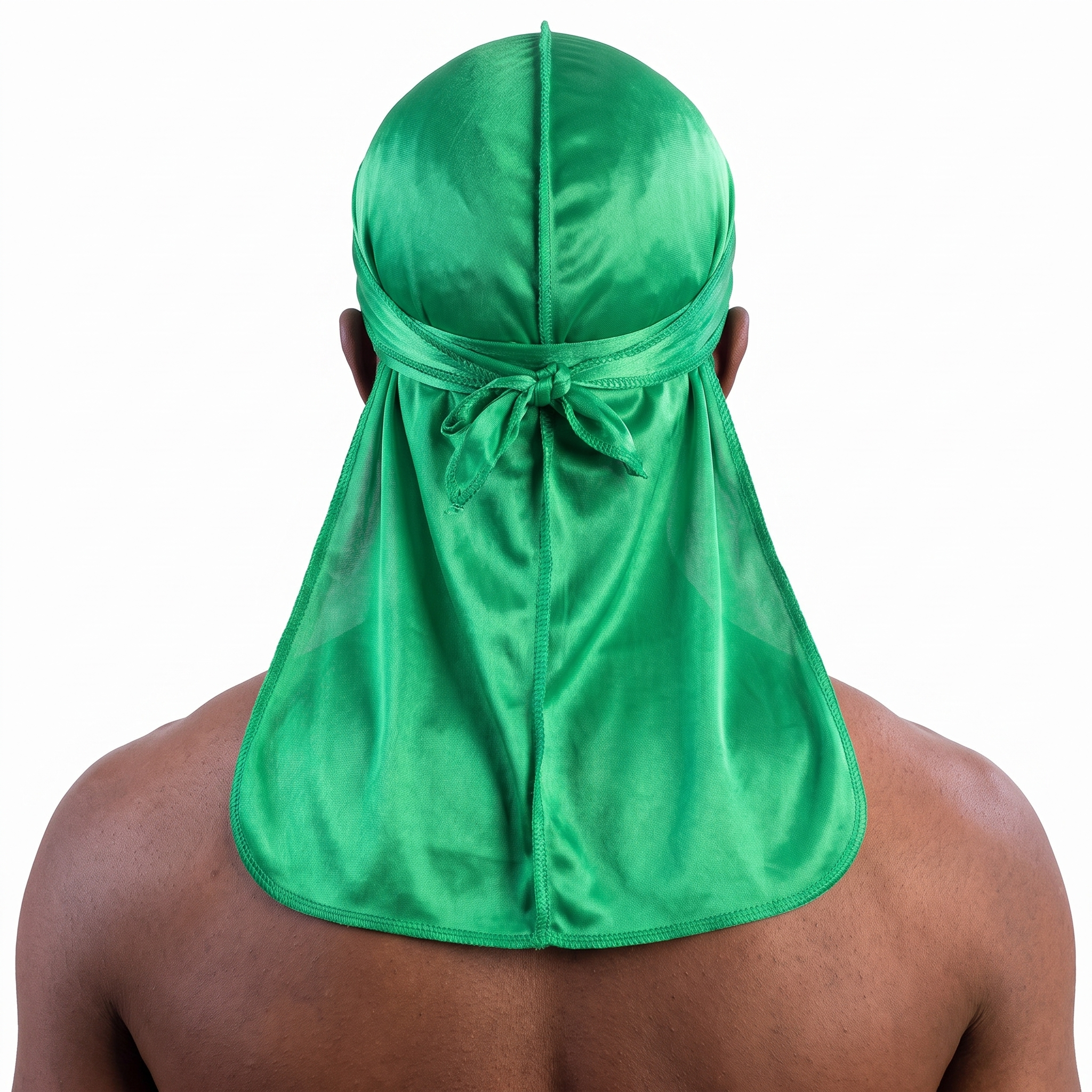 Premium Silk Durag Green worn by male model, back view showing tied wrap and tail