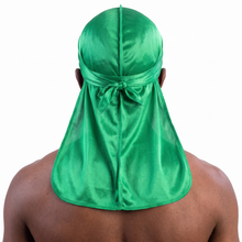 Premium Silk Durag Green worn by male model, back view showing tied wrap and tail