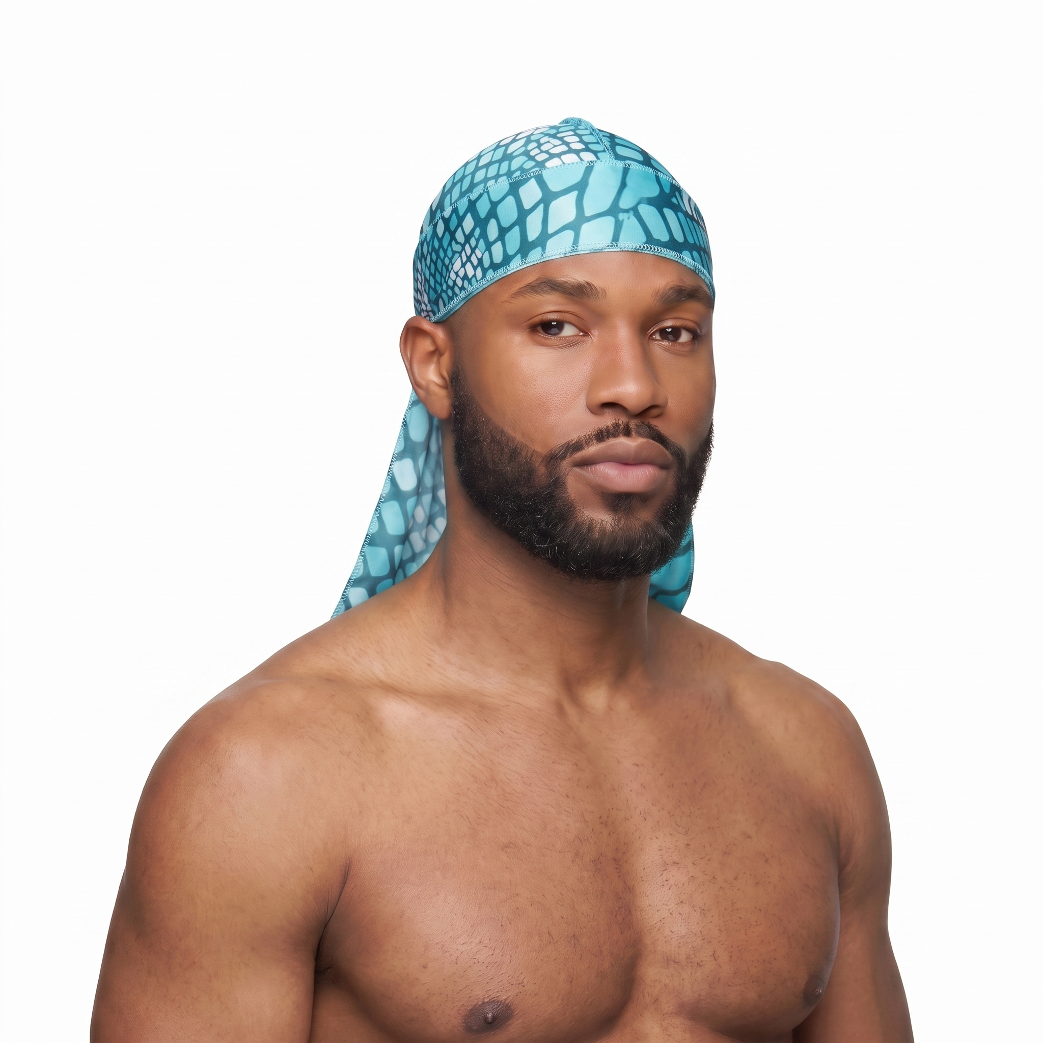 Diamond Blue reptile snakeskin Satin Silky Durag worn by male model, front view on white background