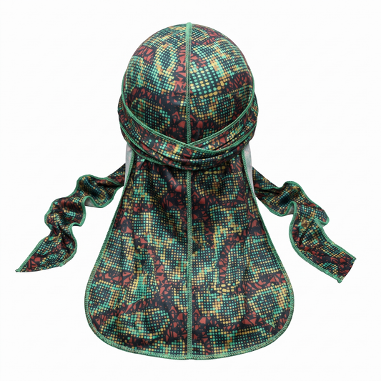 Digital Chameleon pixel camo Satin Silky Durag - premium silky durag back view showing wrap straps, tail and stitching