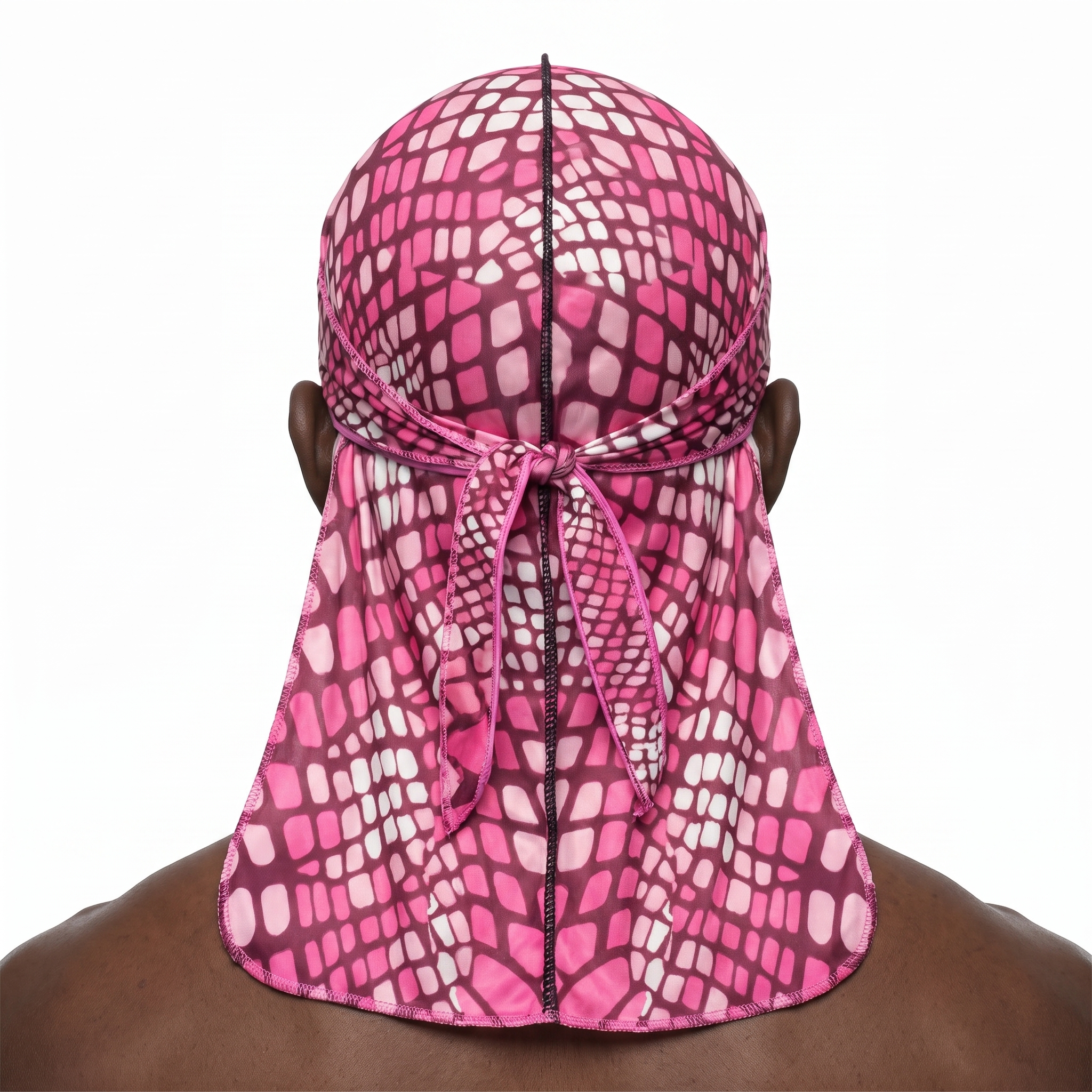 Hot Pink reptile snakeskin Satin Silky Durag worn by male model, back view showing tied wrap and tail