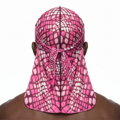 Hot Pink reptile snakeskin Satin Silky Durag worn by male model, back view showing tied wrap and tail