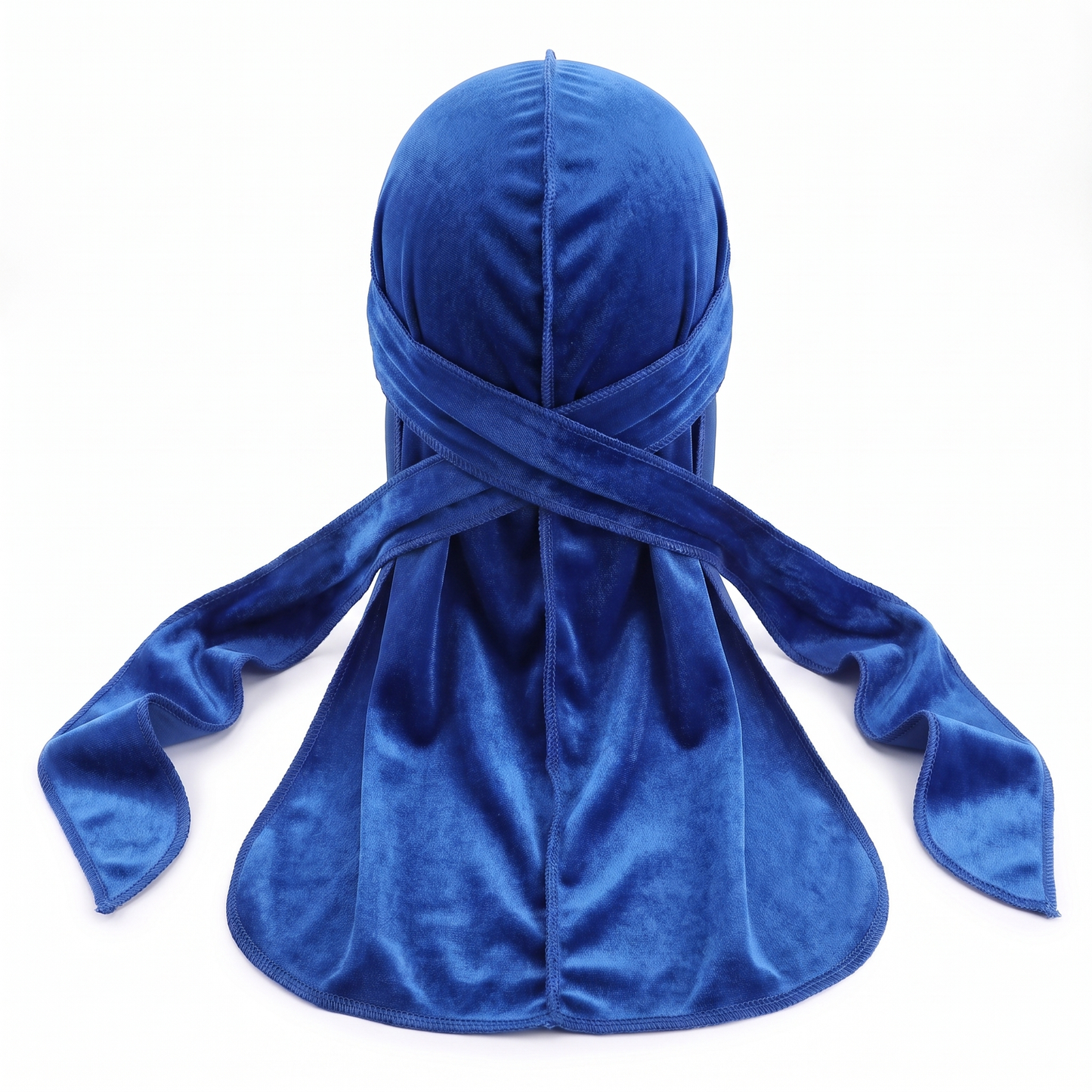 Premium Blue Velvet Durag - premium velvet durag back view showing wrap straps, tail and stitching