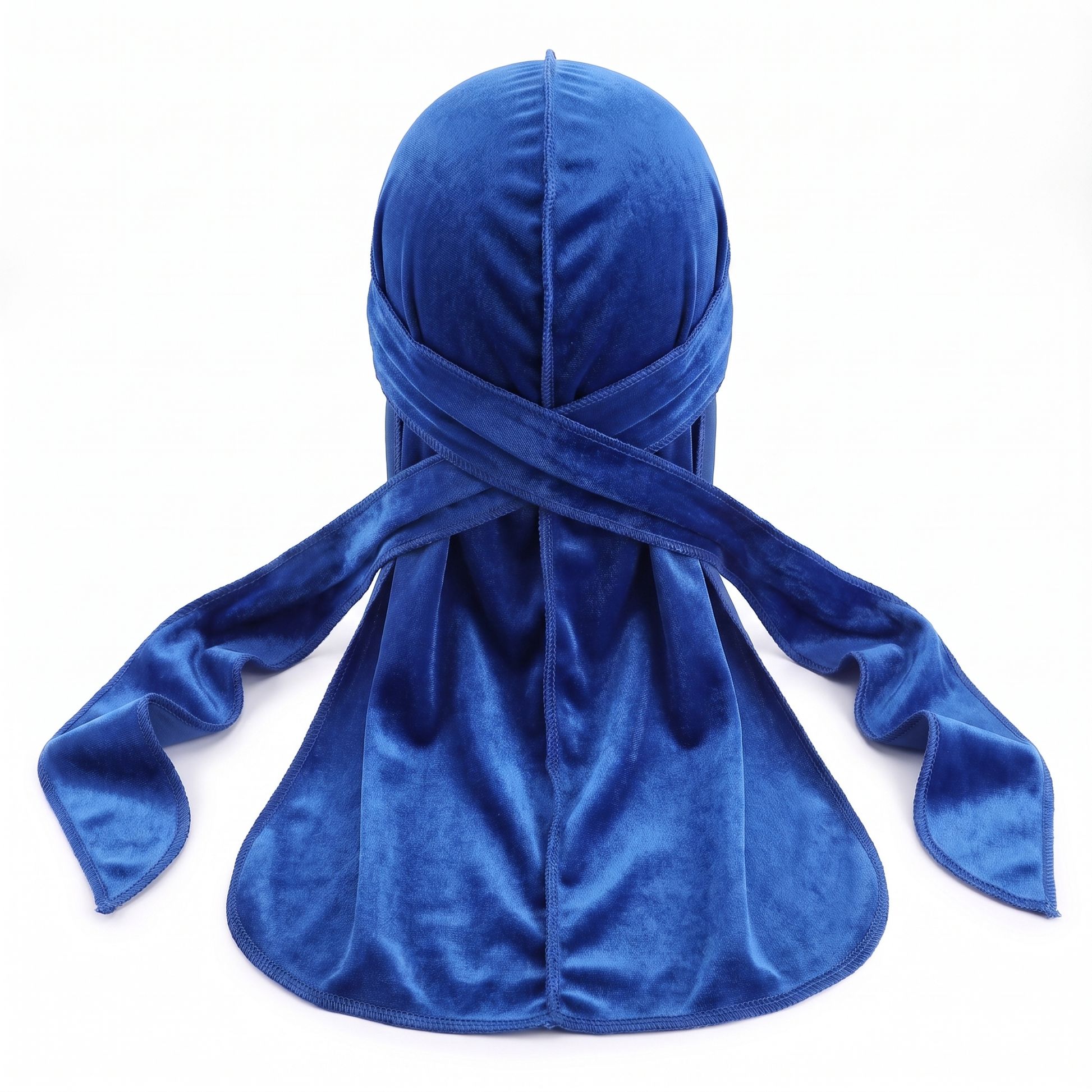 Premium Blue Velvet Durag - premium velvet durag back view showing wrap straps, tail and stitching