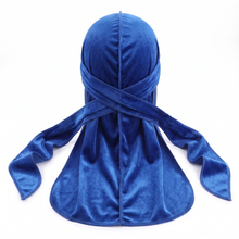 Premium Blue Velvet Durag - premium velvet durag back view showing wrap straps, tail and stitching