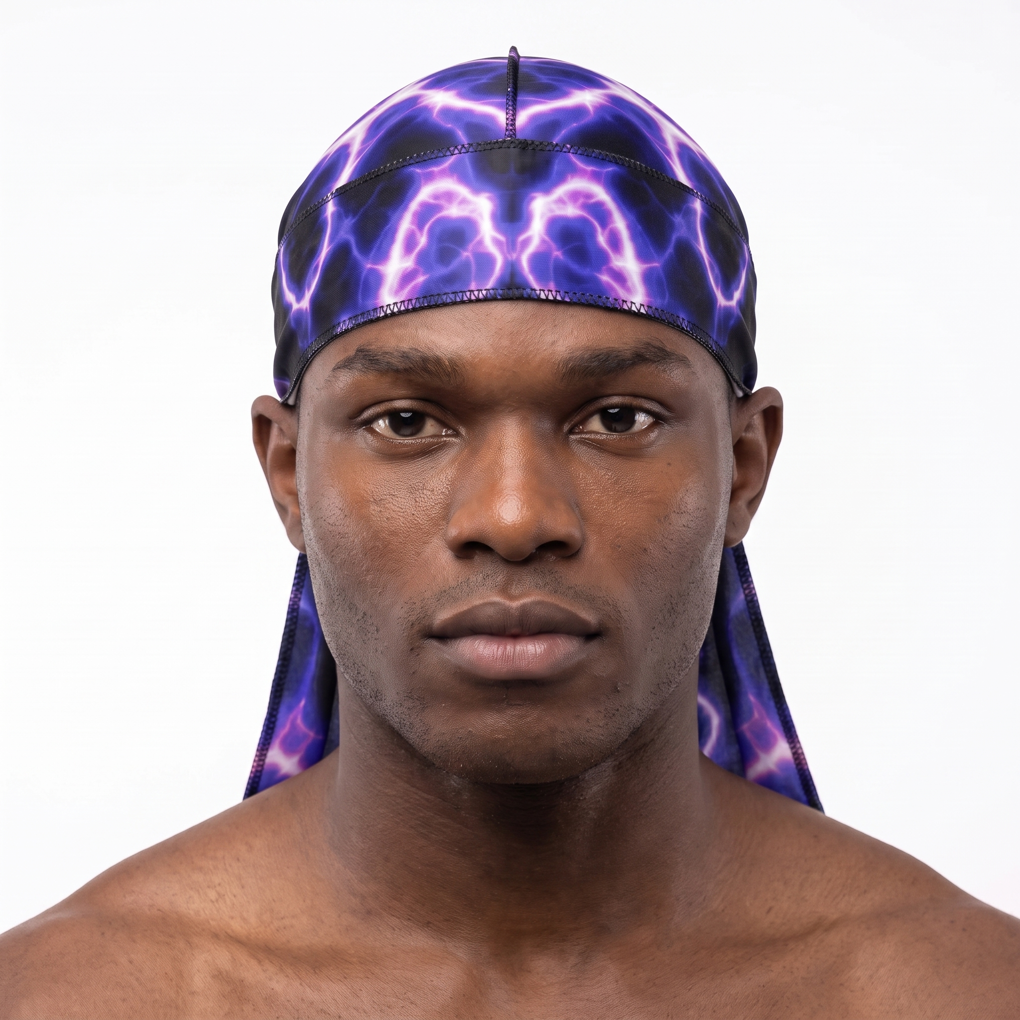 Voltage Purple lightning Satin Silky Durag worn by male model, front view on white background