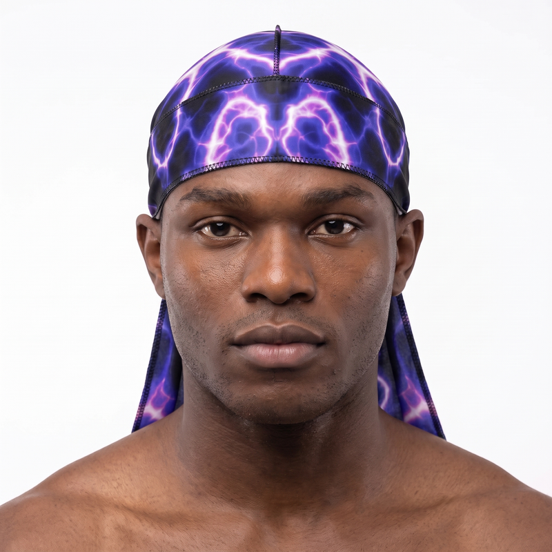 Voltage Purple lightning Satin Silky Durag worn by male model, front view on white background