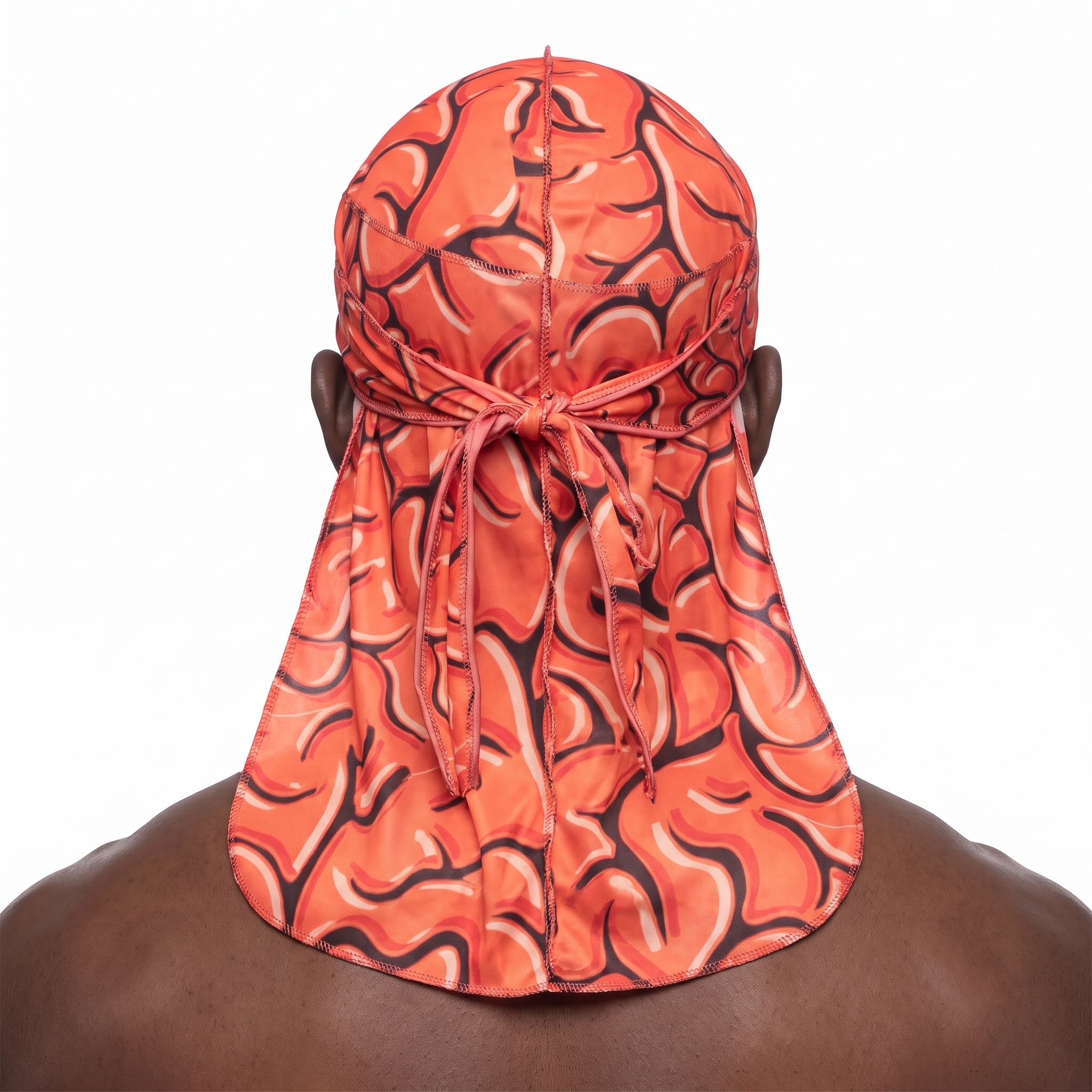 Red Brains graphic Satin Silky Durag worn by male model, back view showing tied wrap and tail