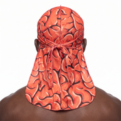 Red Brains graphic Satin Silky Durag worn by male model, back view showing tied wrap and tail