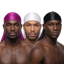 Premium Silk Durag Bundle Magenta Purple - three models wearing Magenta Purple, White and Black heavy silky durags