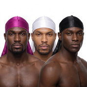 Premium Silk Durag Bundle Magenta Purple - three models wearing Magenta Purple, White and Black heavy silky durags