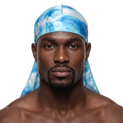Hurricane swirl graphic Satin Silky Durag worn by male model, front view on white background